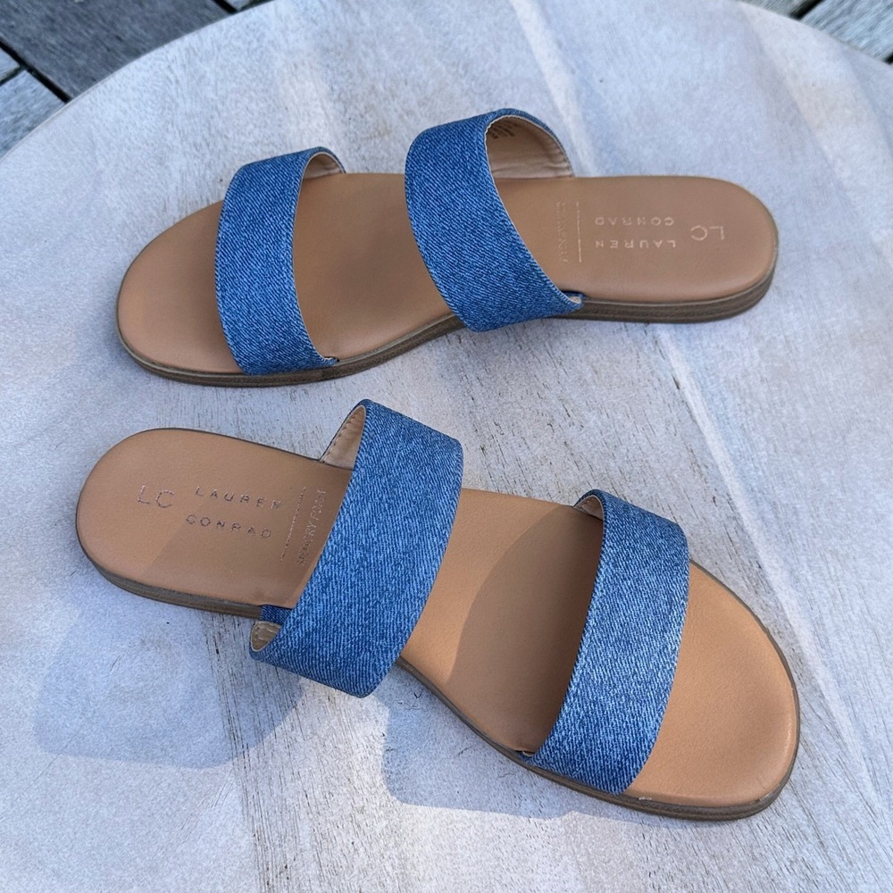 Lauren Conrad LC Womens Slide Sandals Size 8 Blue Denim Double Strap Flat Slides - Picture 8 of 13